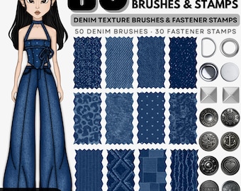 Procreate Brushes Bundle Denim Fabric Texture Brushes Fashion Hardware Stamps for Fashion Design