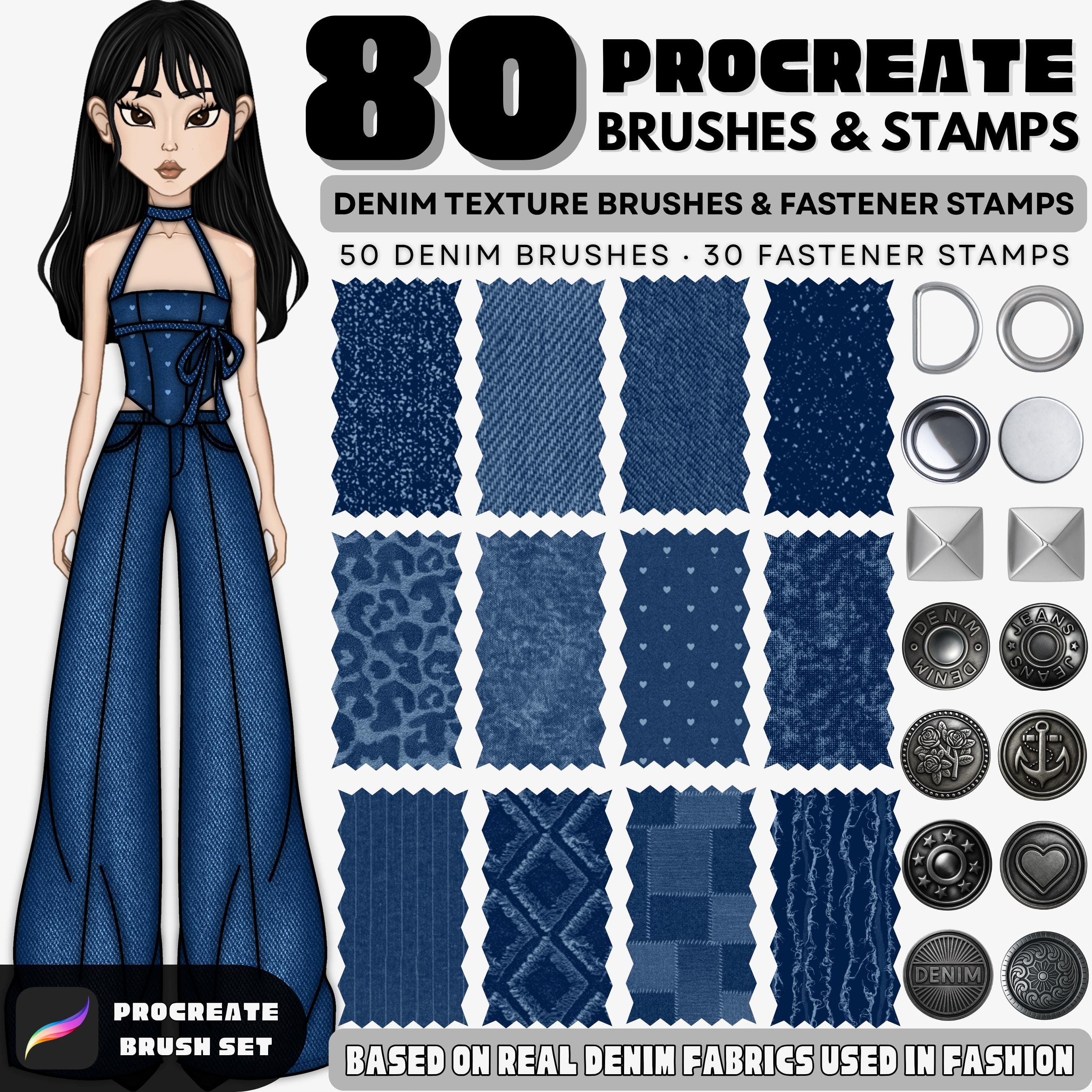 Procreate Denim Texture Brushes & Fashion Hardware Stamps Bundle (80 Brushes for Fashion Design)