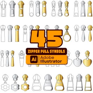 May include: A collection of 45 zipper pull symbols in gold, silver, and outline styles, featuring various shapes like hearts, circles, and flowers. The central text reads 45 ZIPPER PULL SYMBOLS and Ai Adobe Illustrator.