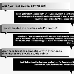 K&ouml;nnte beinhalten: FAQ-Grafik mit Fragen und Antworten zu digitalen Pinseln f&uuml;r Procreate. Die Fragen umfassen Download-Zugriff, Installation und Kompatibilit&auml;t. Die Antworten sind in schwarzem Text auf wei&szlig;em Hintergrund dargestellt.