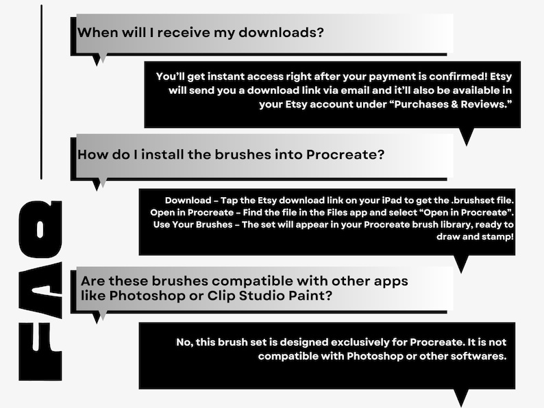 K&ouml;nnte beinhalten: FAQ-Grafik mit Fragen und Antworten zu digitalen Pinseln f&uuml;r Procreate. Die Fragen umfassen Download-Zugriff, Installation und Kompatibilit&auml;t. Die Antworten sind in schwarzem Text auf wei&szlig;em Hintergrund dargestellt.
