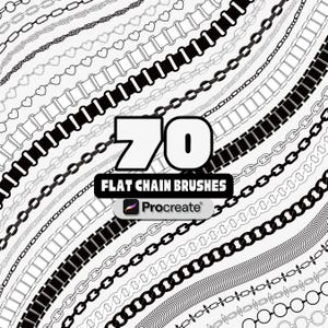 May include: An image featuring 70 flat chain brushes in black and white. The chain designs vary, including heart-shaped links. The text "70 FLAT CHAIN BRUSHES" is displayed, along with the Procreate logo, suitable for digital art.