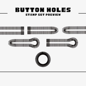 K&ouml;nnte beinhalten: Eine schwarz-wei&szlig;e Vorschau eines Stempelsets mit dem Text "BUTTON HOLES STAMP SET PREVIEW". Das Bild zeigt verschiedene Knopflochdesigns, darunter rechteckige, ovale und kreisf&ouml;rmige Formen, alle in einem minimalistischen Stil.