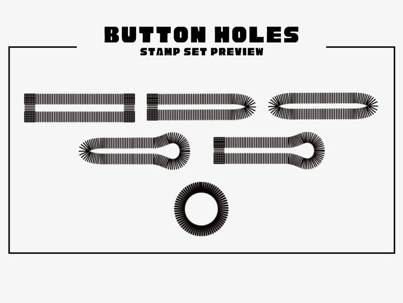 K&ouml;nnte beinhalten: Eine schwarz-wei&szlig;e Vorschau eines Stempelsets mit dem Text "BUTTON HOLES STAMP SET PREVIEW". Das Bild zeigt verschiedene Knopflochdesigns, darunter rechteckige, ovale und kreisf&ouml;rmige Formen, alle in einem minimalistischen Stil.