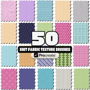 May include: A grid of 16 colorful knit fabric texture swatches. The image includes the text "50 Knit Fabric Texture Brushes" and the Procreate logo. The swatches display various knit patterns in shades of pink, blue, yellow, and gray.