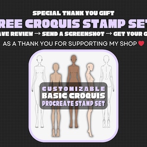 K&ouml;nnte beinhalten: Werbung f&uuml;r ein kostenloses Croquis-Stempelset. Das Bild zeigt den Text &bdquo;FREE CROQUIS STAMP SET!&ldquo; und &bdquo;CUSTOMIZABLE BASIC CROQUIS PROCREATE STAMP SET&ldquo;. Das Bild enth&auml;lt auch Illustrationen von weiblichen Figuren in verschiedenen Posen.