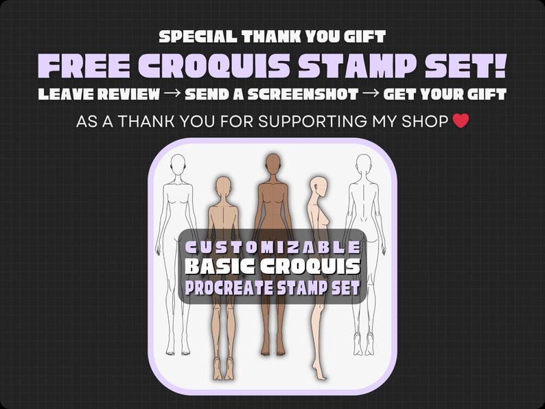 K&ouml;nnte beinhalten: Werbung f&uuml;r ein kostenloses Croquis-Stempelset. Das Bild zeigt den Text &bdquo;FREE CROQUIS STAMP SET!&ldquo; und &bdquo;CUSTOMIZABLE BASIC CROQUIS PROCREATE STAMP SET&ldquo;. Das Bild enth&auml;lt auch Illustrationen von weiblichen Figuren in verschiedenen Posen.