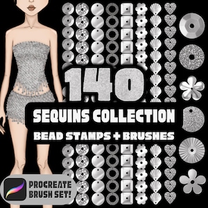 May include: Digital art featuring a collection of 140 silver sequins in various shapes, including circles, squares, and hearts. The image also includes a digital illustration of a woman wearing a sequined outfit. Text reads "SEQUINS COLLECTION" and "BEAD STAMPS + BRUSHES".