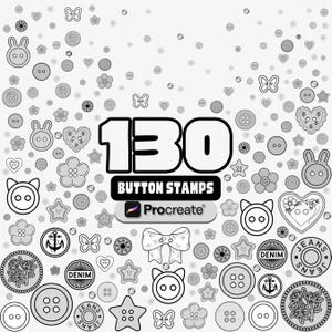 Puede incluir: Una colección de 130 sellos de botones para Procreate, con diversos diseños. Los sellos incluyen patrones florales, animales y geométricos, todos en blanco y negro. También aparece la palabra 'DENIM'.