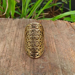 Flower of Life Brass Ring: Adjustable Gold Mandala, Boho Spiritual Jewelry