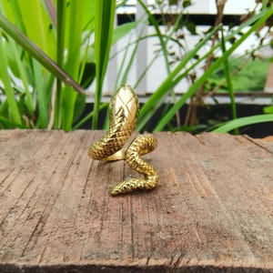 Gold Brass Snake Ring | Serpent Statement Ring | Adjustable Bold Reptile-Inspired Jewelry
