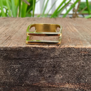 Geometric Gold Ring | Modern Square Double Band Ring | Minimalist Brass Jewelry | Bold Architectural Statement Ring