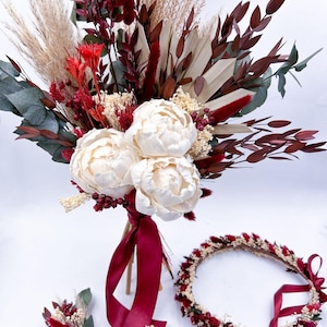 Autumn Wedding Set with Sola Flowers and eucalyptus, brides bouquet, boutonniere , wedding wreath, comb for hair, preserved and dry flower
