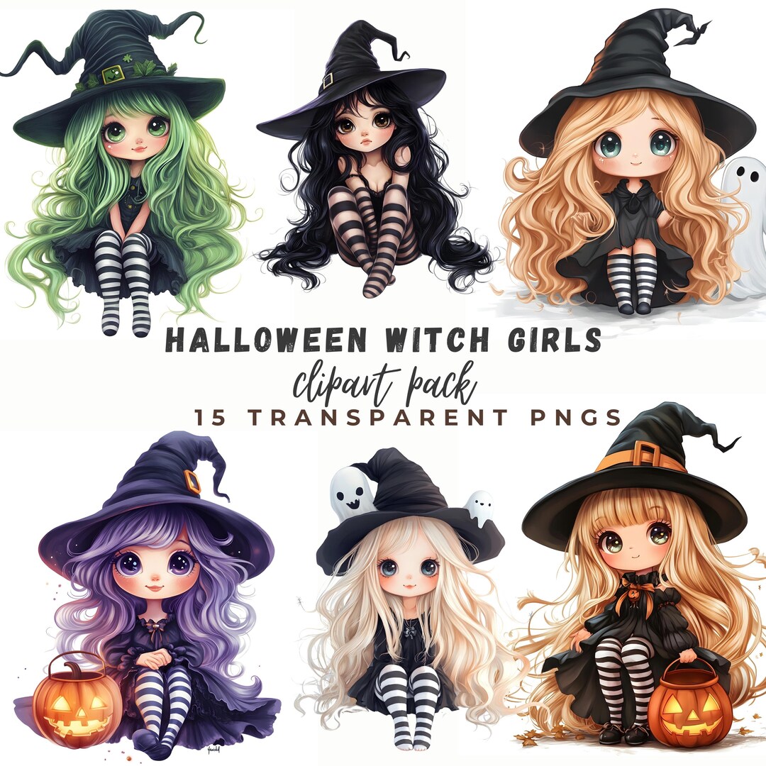 12 Kawaii Halloween Witch Clipart, Cute Anime Witch Girl With Pumpkin ...