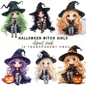 12 imágenes prediseñadas de brujas de Halloween kawaii, linda bruja de anime con calabaza, arte espeluznante pastel, descarga digital, paquete PNG de sublimación