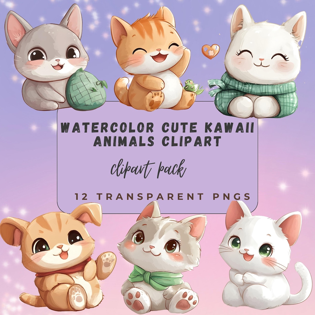 Cute Kawaii Animal Illustrations – 12 PNG Clipart Files, Pastel Cartoon