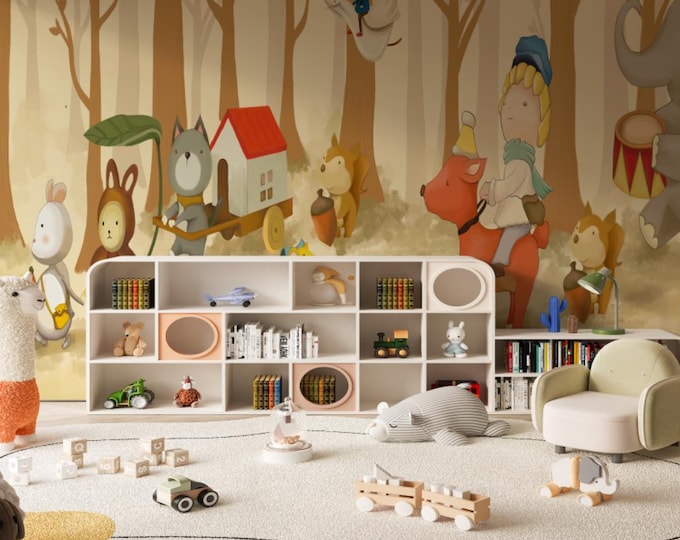 Forest Animal Parade Wallpaper Mural: Storybook Nursery Decor