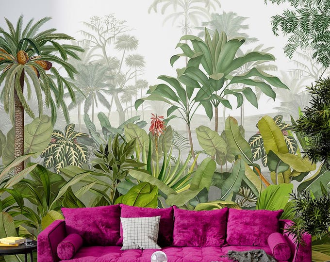 Dark Floral Jungle Mural: Peel and Stick Botanical Forest Wallpaper