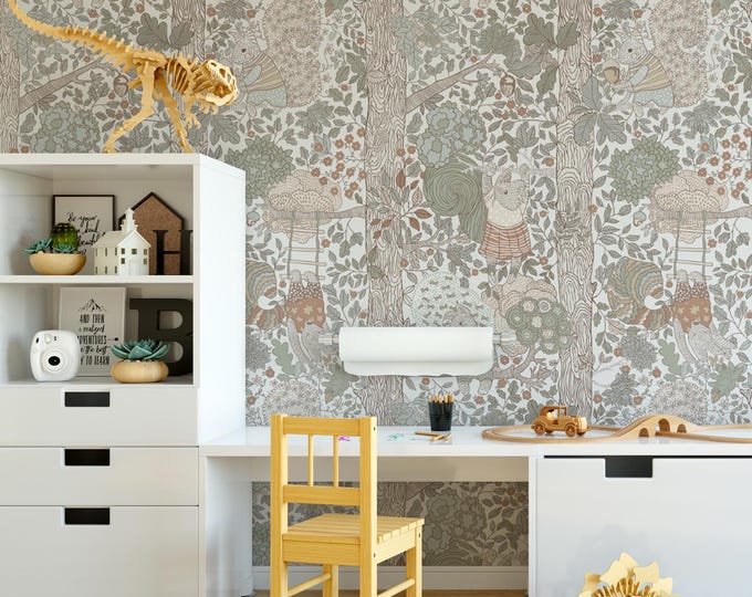 Floral Animal Peel and Stick Wallpaper: Vintage Botanical Farmhouse Decor