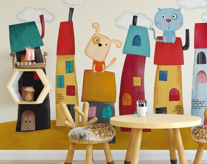 Kids Animal House Wall Art: Playful Nursery Decor, Cartoon Dog & Cat