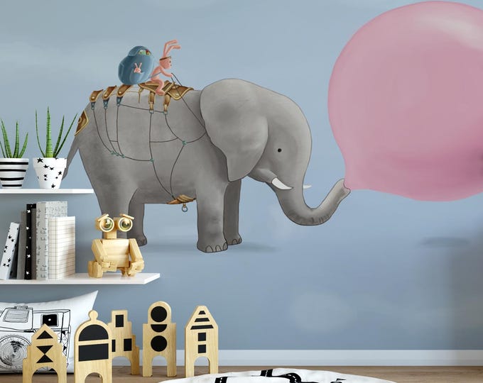 Elephant Blowing Bubble Gum Wallpaper Mural: Whimsical Kids Room Decor