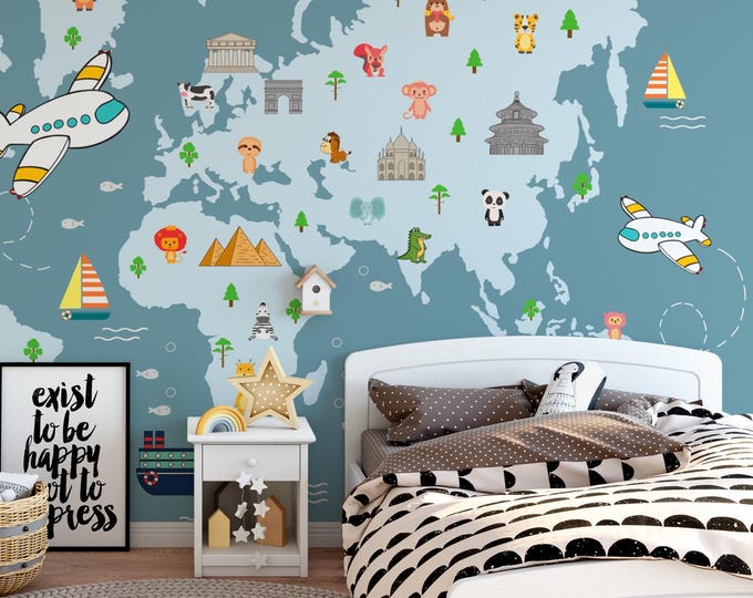World Map Wall Decal: Kids Room Decor, Animals & Landmarks