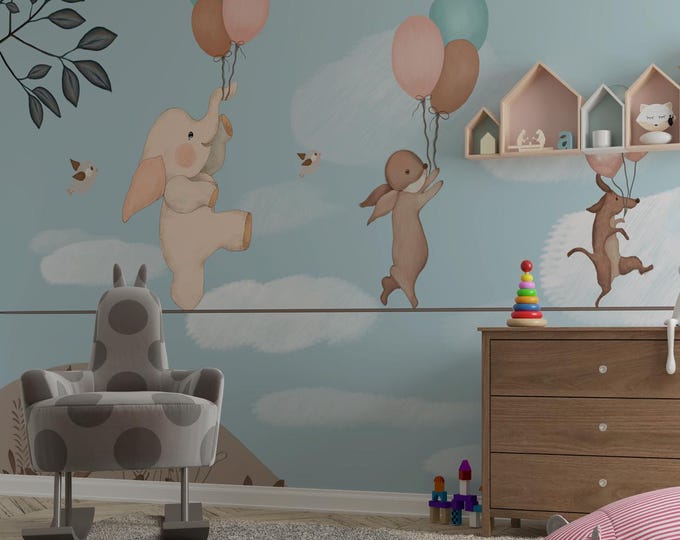 Flying Elephant & Bunny Canvas Print: Whimsical Nursery Wall Art