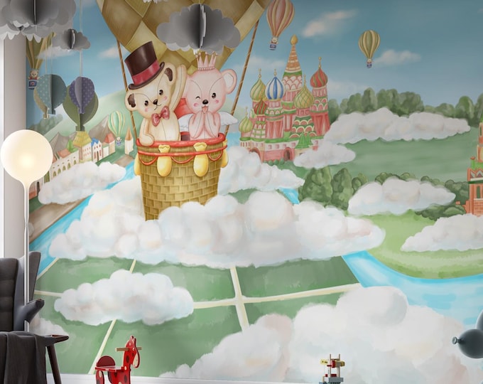 Teddy Bear Hot Air Balloon Mural: Whimsical Kids Room Wallpaper