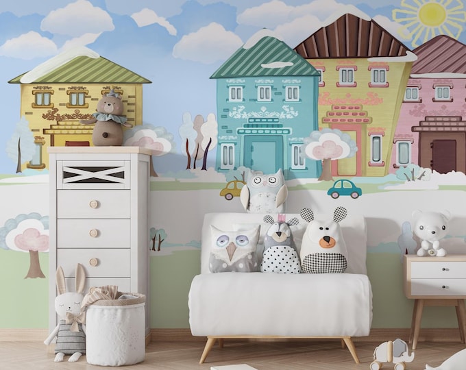 Playful Town Wallpaper Mural: Kids Room Decor, Colorful Houses