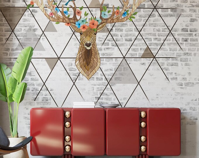Floral Deer Head Canvas Print: Boho Geometric Wall Art