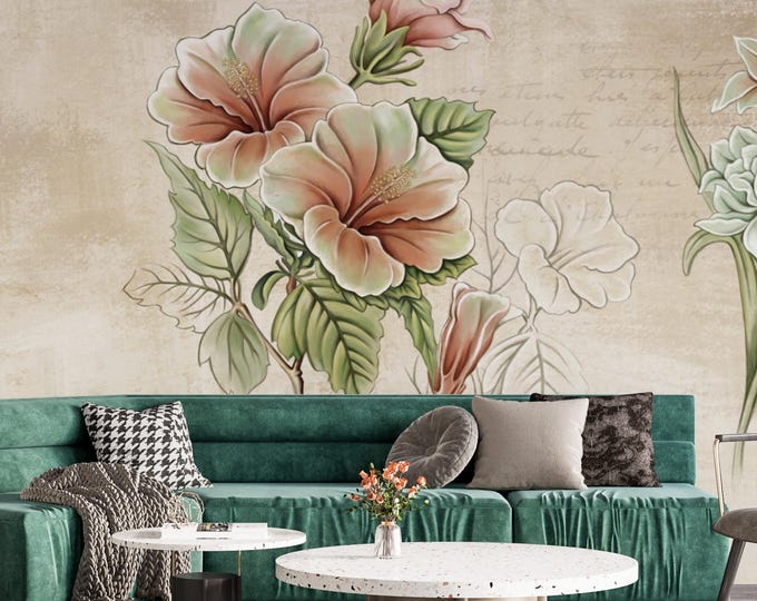 Vintage Floral Canvas Print: Pink Beige Botanical Wall Art