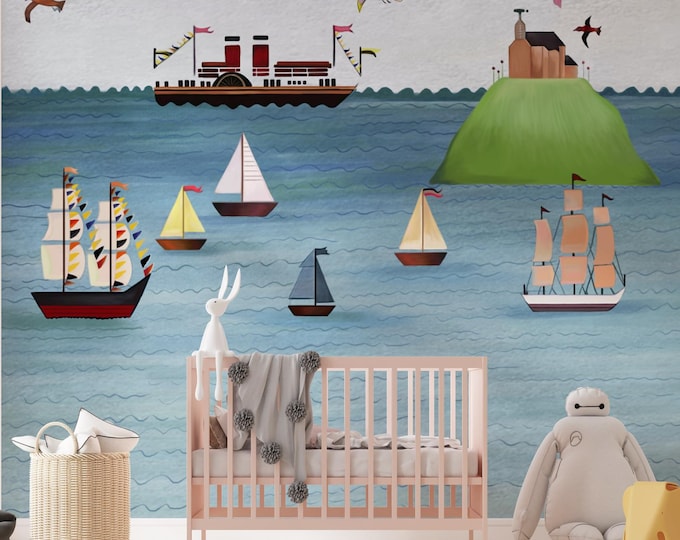 Coastal Landscape Mural: Sailboats, Steam Ship, Island (Peel & Stick Canvas Wallpaper Available)