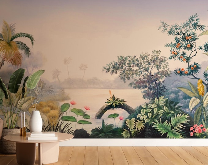 Tropical Palm Tree Peel and Stick Wallpaper Mural: Serene Living Room Decor