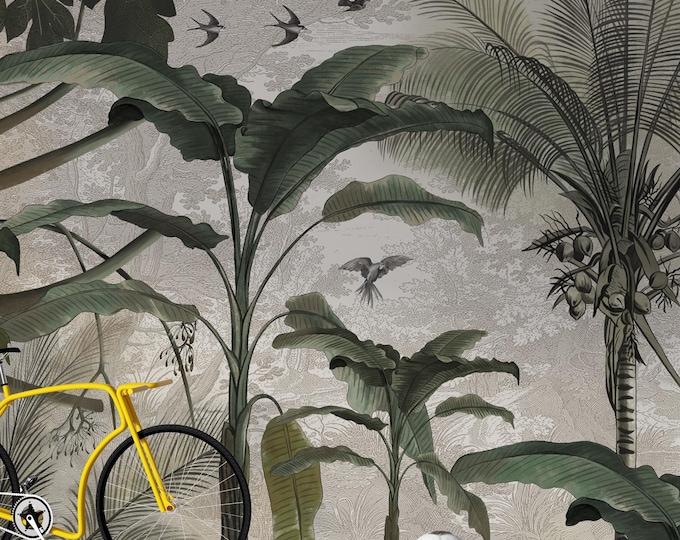 Vintage Jungle Mural: Hand-Painted Peel and Stick Wallpaper