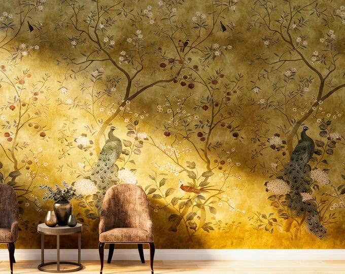 Vintage Chinoiserie Wallpaper with Peacocks, Antique Gold Floral Bird Mural, Asian Botanical Wall Art