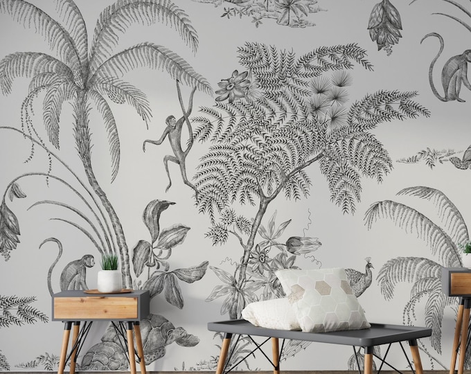 Black and White Chinoiserie Mural: Tropical Floral Peel and Stick Wallpaper