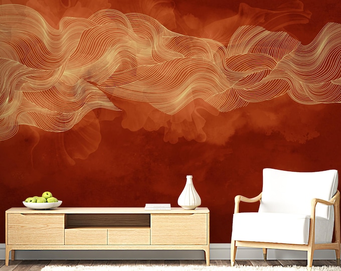 Gold Line Art Wave Wallpaper: Modern Boho Peel and Stick Mural