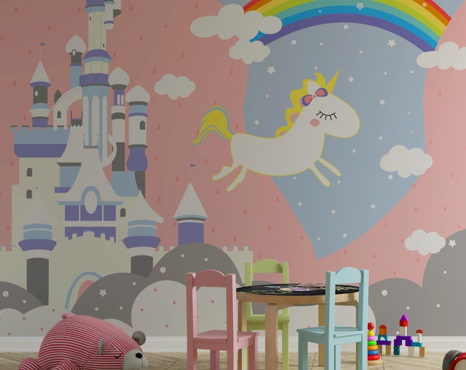 Unicorn Castle Canvas Print: Rainbow Hot Air Balloon Kids Room Decor