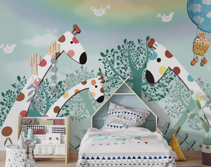 Giraffe Hot Air Balloon Wallpaper Mural: Rainbow Nursery Decor