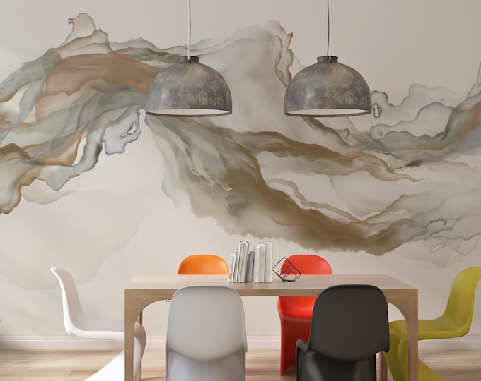 Neutral Abstract Wave Wallpaper: Minimalist Boho Peel and Stick Mural