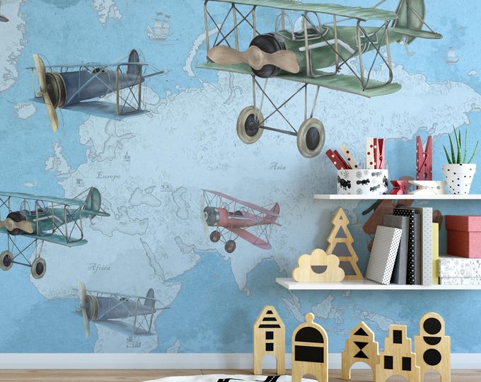 Vintage Aviation World Map Mural: Retro Airplane Canvas Wall Art