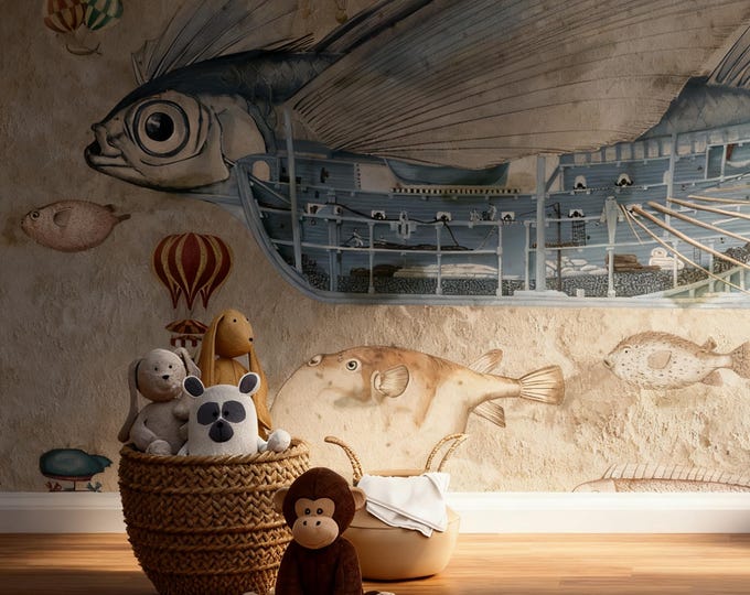 Flying Fish Airship Wallpaper Mural: Whimsical Nautical Sky Scene