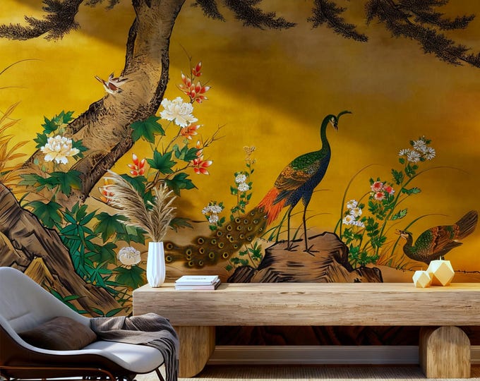 Vintage Chinoiserie Floral Bird Wall Mural: Peel & Stick Wallpaper