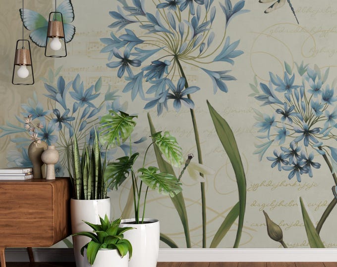 Blue Floral Botanical Wall Art: Butterfly & Dragonfly Canvas Print