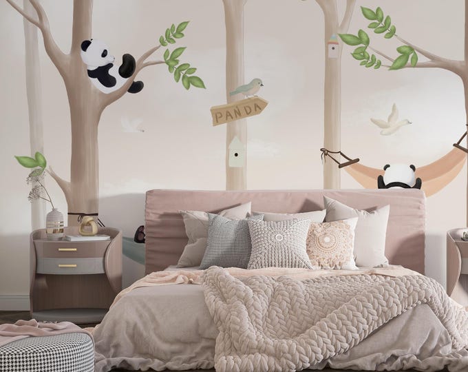 Panda Forest Wallpaper, Cute Animal Nursery Mural, Relaxing Hammock Tree Scene Decor, Playful Kids' Room Accent, Charming Woodland Art