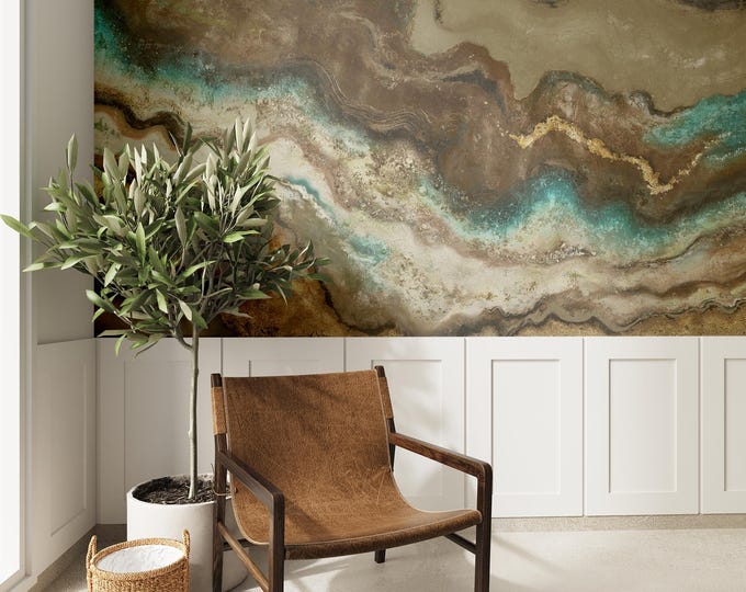 Bohemian Agate Slice Wallpaper Mural: Teal & Gold Accents