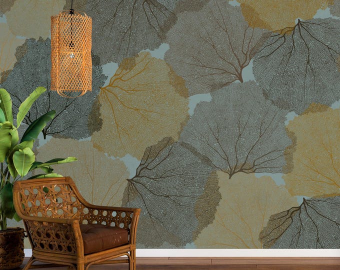 Neutral Leaf Pattern Peel and Stick Wallpaper: Modern Boho Decor