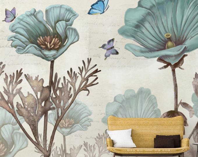 Blue Floral Butterfly Wall Art: Vintage Botanical Print