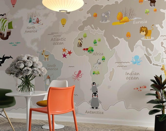 Whimsical World Map Wallpaper: Kids Nursery Decor, Educational Travel Art