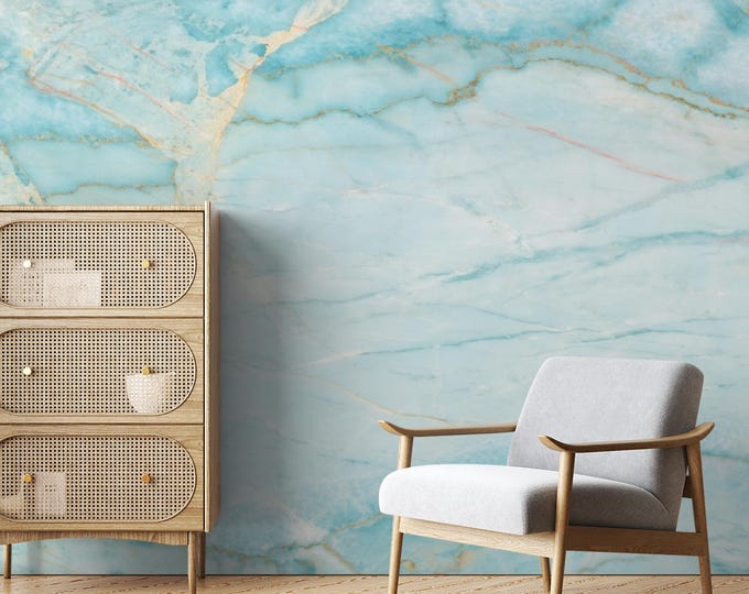 Blue Marble Texture Wallpaper Mural: Teal & Gold Coastal Decor